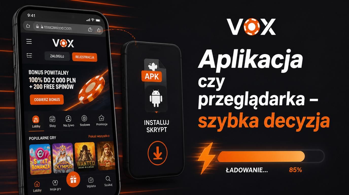 Interfejs mobilnej przeglądarki Vox Casino vs opcja instalacji apki