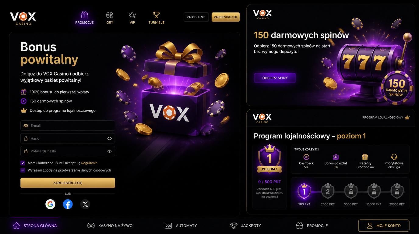 Ekran kasyna VOX z bonusem powitalnym i darmowymi spinami oraz wskaźnikiem poziomu lojalnościowego