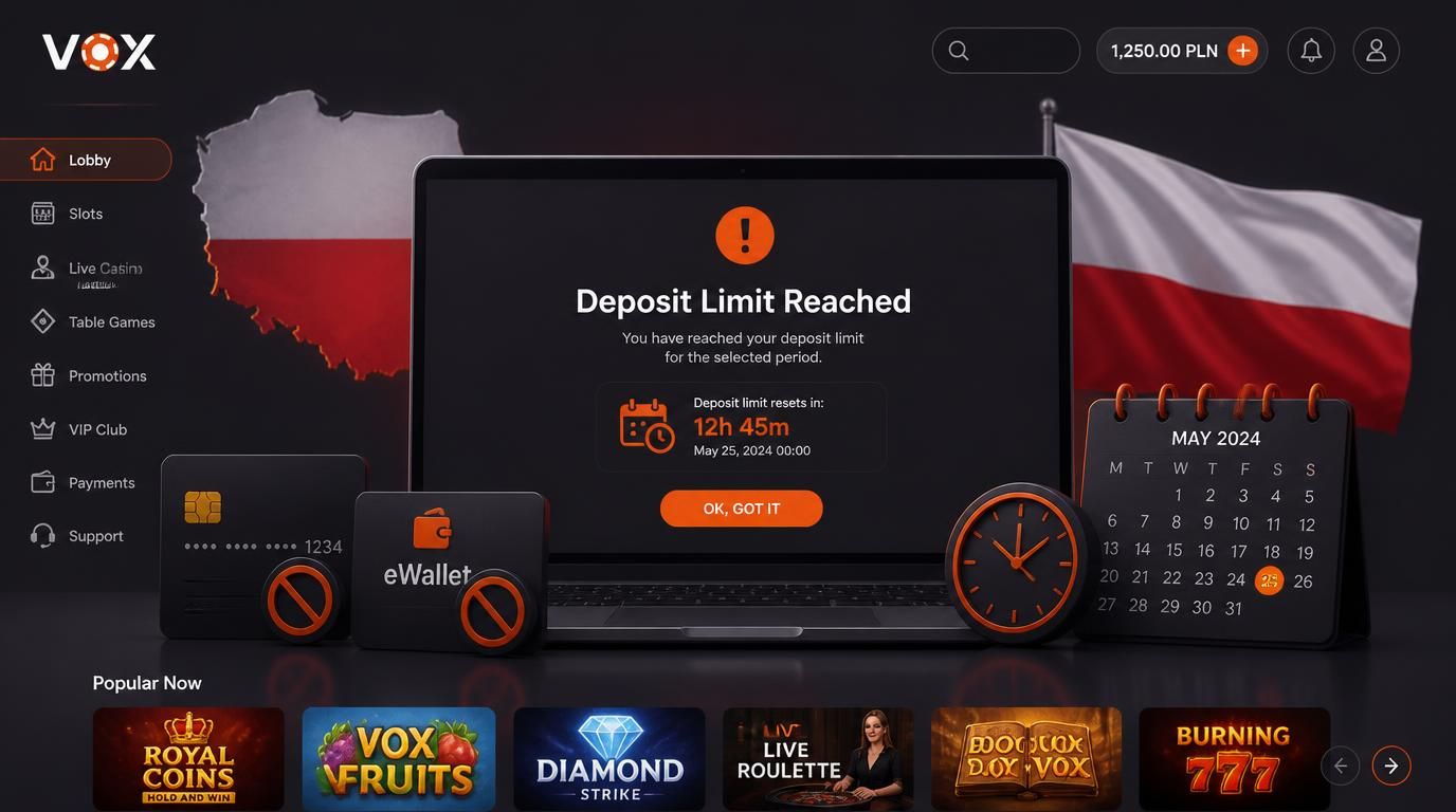 Ekran komputerowy z komunikatem limitu wpłat, karta i portfel cyfrowy z przekreśleniem, symbol Polski