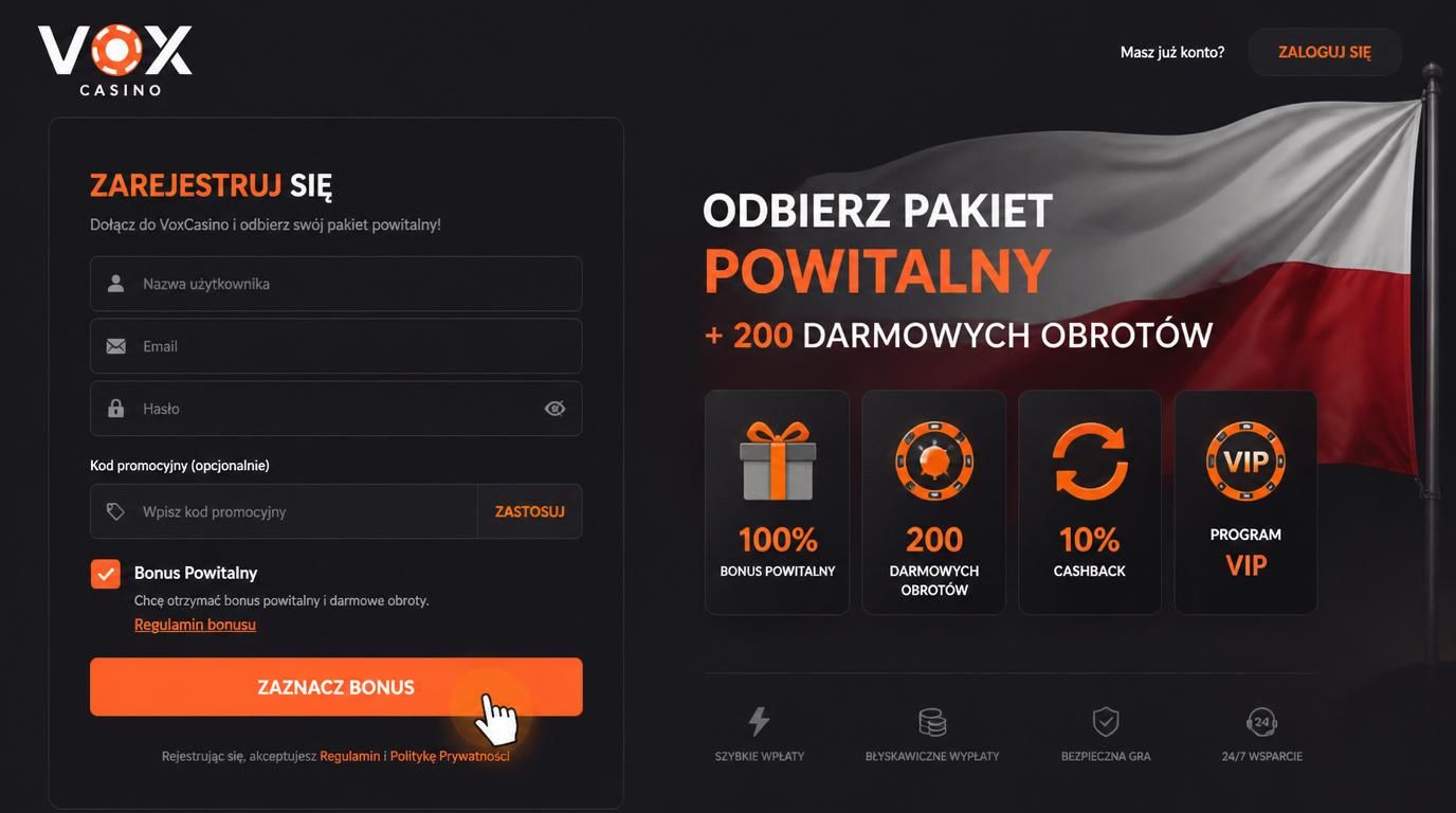 Аormularz rejestracyjny z polem bonusowym i przyciskiem „zaznacz bonus”