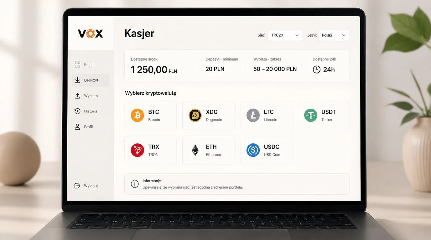 Panel kasy z wyborem kryptowaluty, saldem w PLN i limitami wpłat oraz wypłat