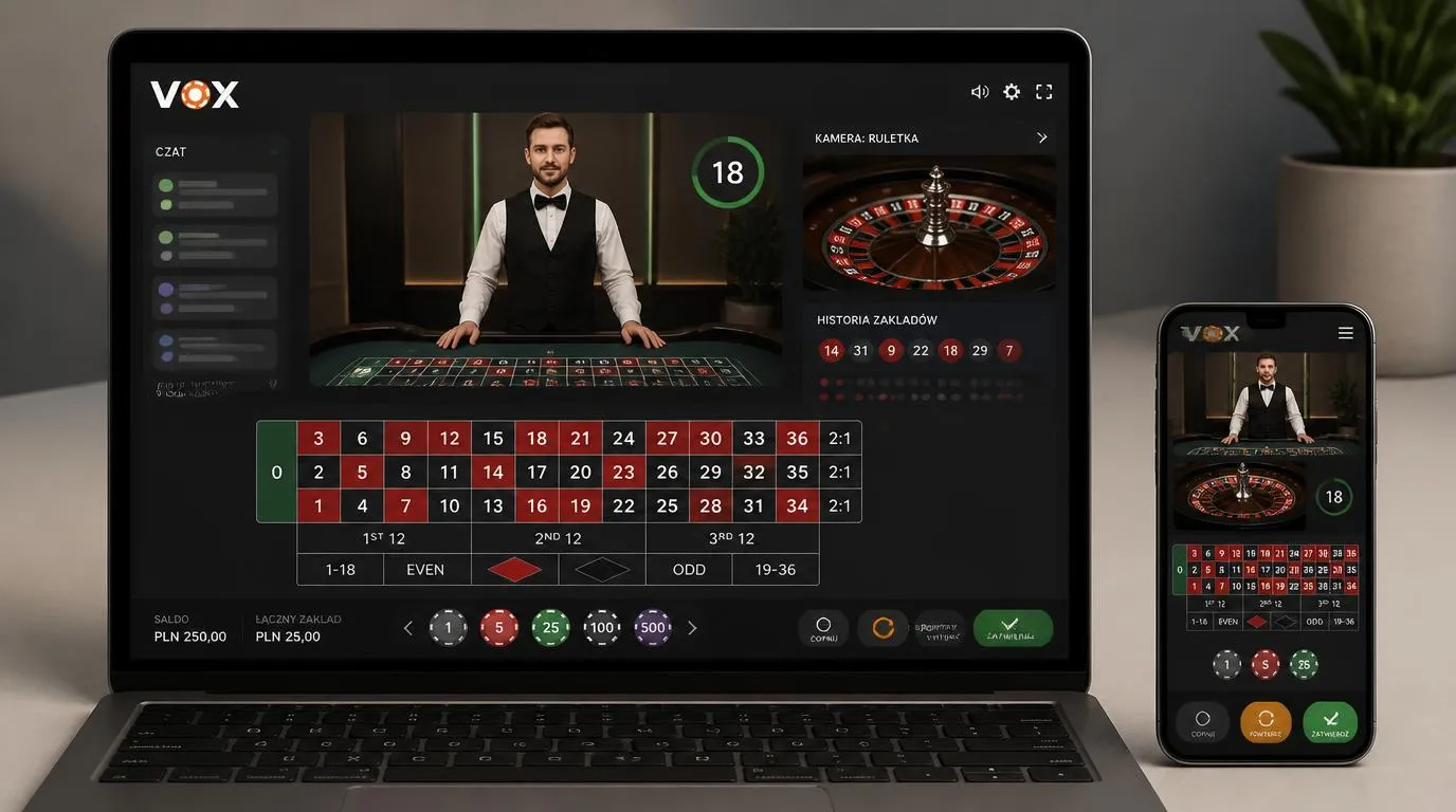 Interfejs stołu live z krupierem, czatem, historią zakładów i zbliżeniem koła ruletki