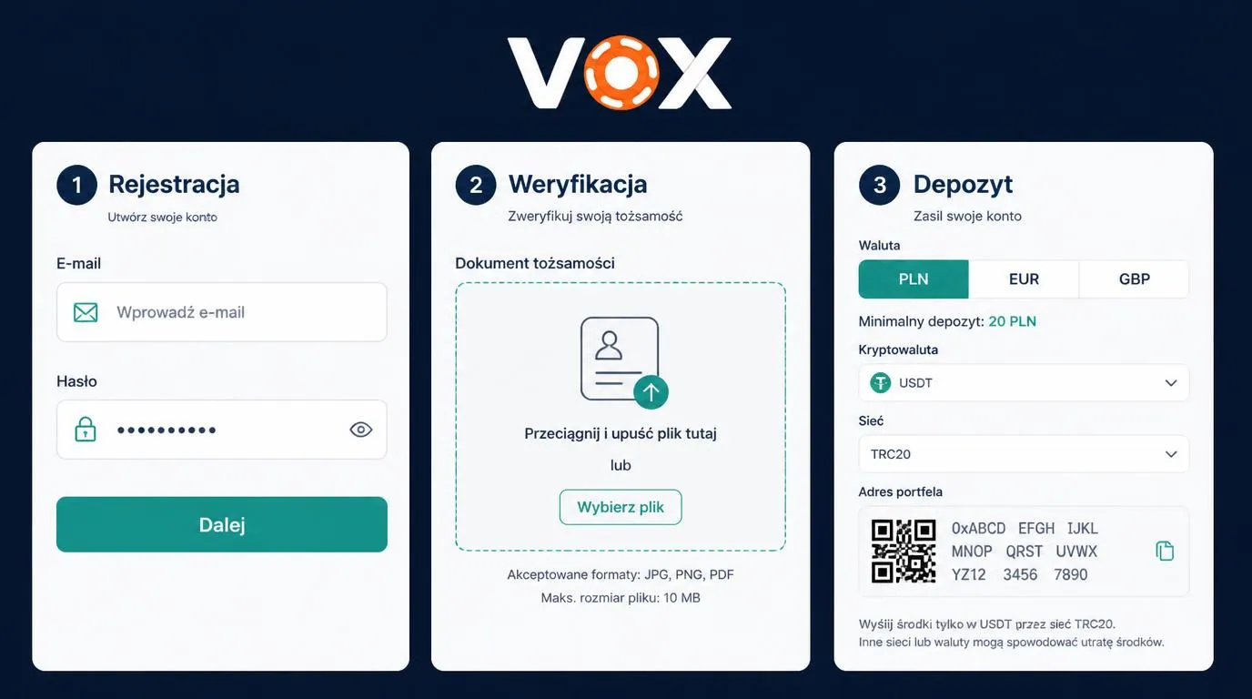 Panel konta z etapami rejestracji, weryfikacji dokumentów i wpłaty kryptowalutowej w PLN