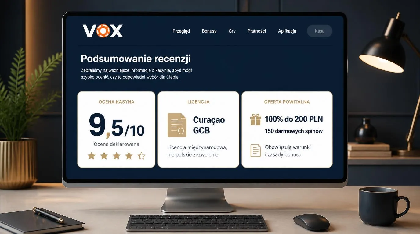 Panel podsumowania kasyna z oceną 9,5/10, informacją o licencji Curaçao i warunkami oferty powitalnej